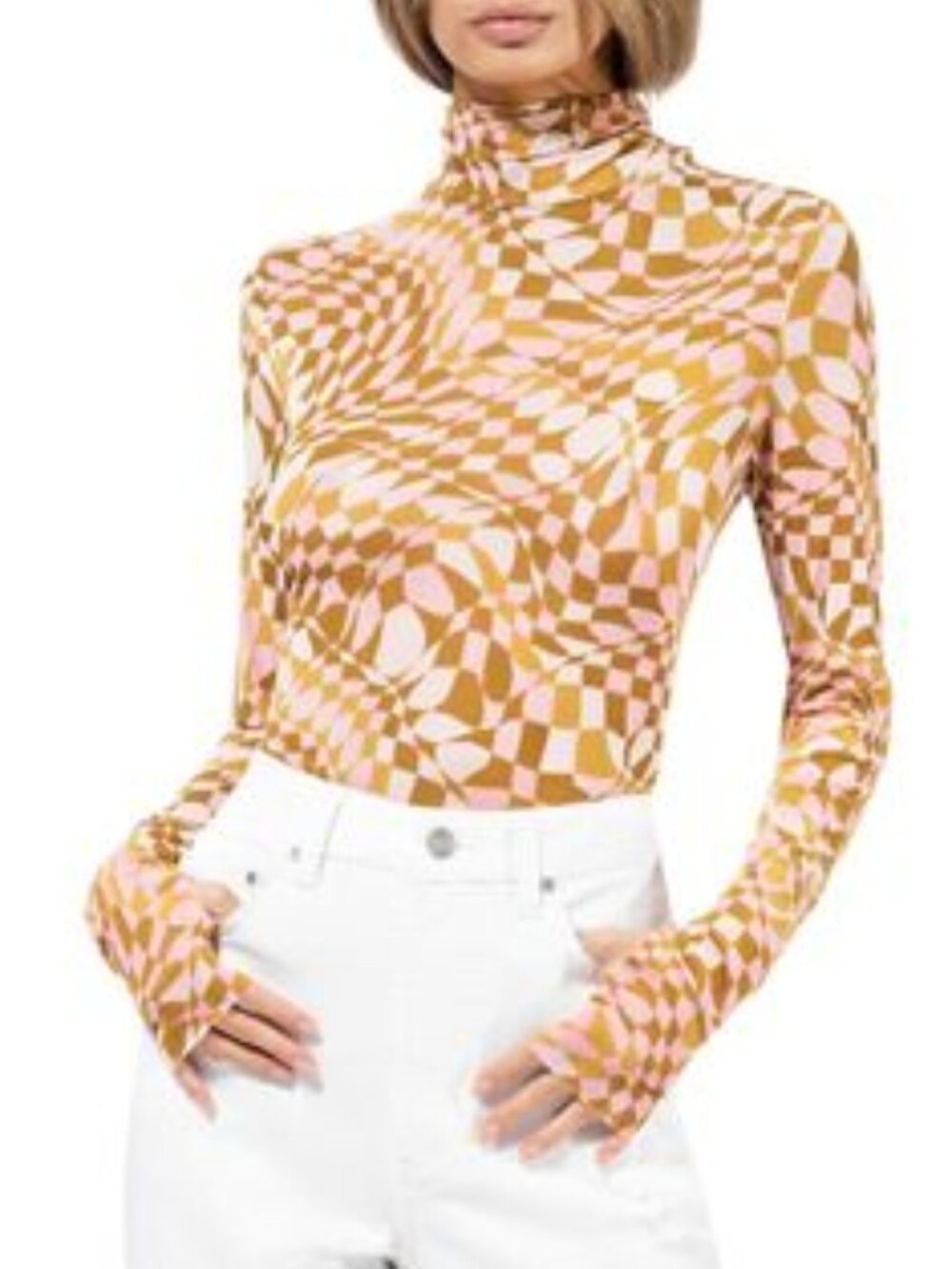 AFRM Zadie Sheer Mesh Optic Geometric Long Sleeve Thumbhole Turtleneck Small